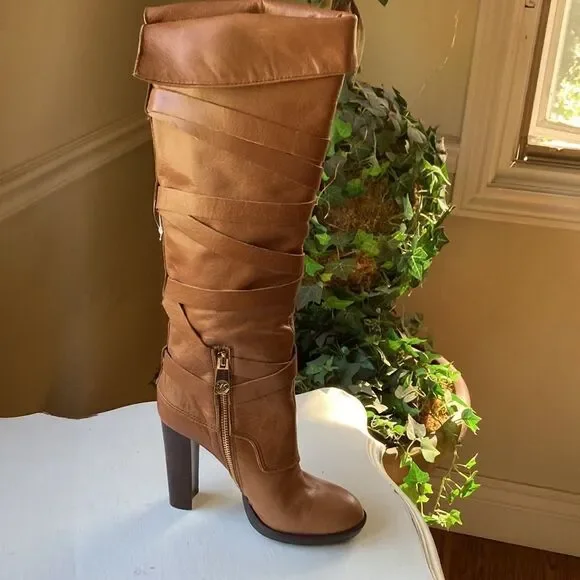 Michael Michael Kors Greenwich Belted Knee High Tan Wrapped Leather Boots Sz 5.5 - Picture 3 of 16
